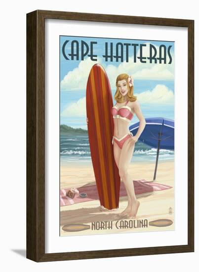 Cape Hatteras, North Carolina - Surfer Girl Pinup-Lantern Press-Framed Art Print