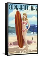 Cape Hatteras, North Carolina - Surfer Girl Pinup-Lantern Press-Framed Stretched Canvas