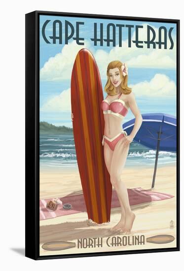 Cape Hatteras, North Carolina - Surfer Girl Pinup-Lantern Press-Framed Stretched Canvas