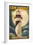 Cape Lookout Lighthouse and Full Moon - Outer Banks, North Carolina-Lantern Press-Framed Art Print