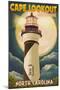 Cape Lookout Lighthouse and Full Moon - Outer Banks, North Carolina-Lantern Press-Mounted Art Print