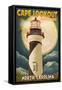 Cape Lookout Lighthouse and Full Moon - Outer Banks, North Carolina-Lantern Press-Framed Stretched Canvas