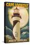 Cape Lookout Lighthouse and Full Moon - Outer Banks, North Carolina-Lantern Press-Stretched Canvas