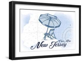 Cape May, New Jersey - Beach Chair and Umbrella - Blue - Coastal Icon-Lantern Press-Framed Art Print