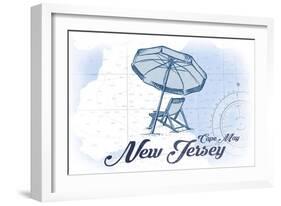 Cape May, New Jersey - Beach Chair and Umbrella - Blue - Coastal Icon-Lantern Press-Framed Art Print