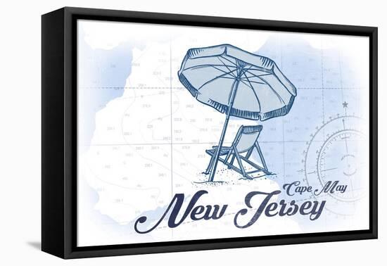 Cape May, New Jersey - Beach Chair and Umbrella - Blue - Coastal Icon-Lantern Press-Framed Stretched Canvas