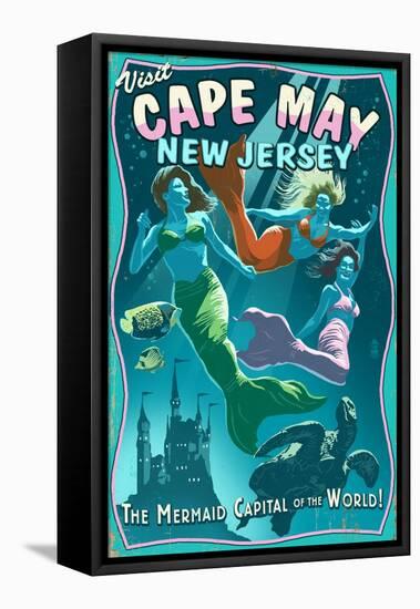 Cape May, New Jersey - Mermaids Vintage Sign-Lantern Press-Framed Stretched Canvas
