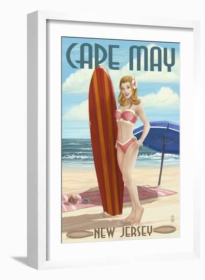 Cape May, New Jersey - Surfing Pinup Girl-Lantern Press-Framed Art Print