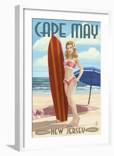 Cape May, New Jersey - Surfing Pinup Girl-Lantern Press-Framed Art Print