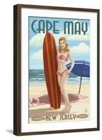 Cape May, New Jersey - Surfing Pinup Girl-Lantern Press-Framed Art Print