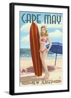 Cape May, New Jersey - Surfing Pinup Girl-Lantern Press-Framed Art Print