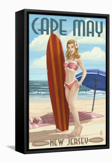 Cape May, New Jersey - Surfing Pinup Girl-Lantern Press-Framed Stretched Canvas