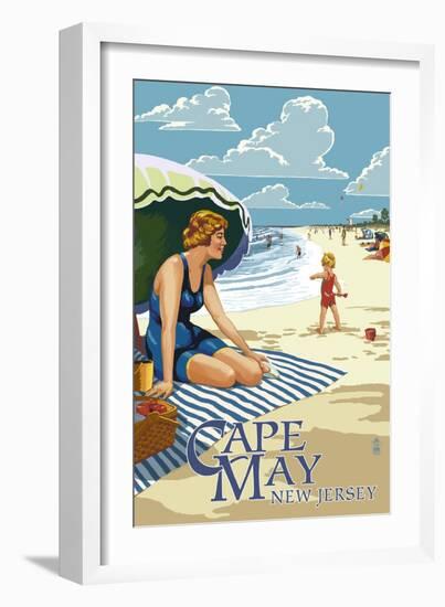 Cape May, New Jersey - Woman on Beach-Lantern Press-Framed Art Print