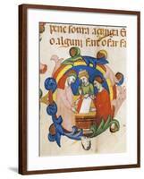 Capital Initial Letter Depicting Choosing of Fabric-null-Framed Giclee Print
