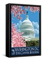 Capitol Building and Cherry Blossoms - Washington DC-Lantern Press-Framed Stretched Canvas