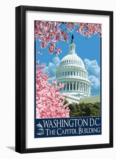 Capitol Building and Cherry Blossoms - Washington DC-Lantern Press-Framed Art Print