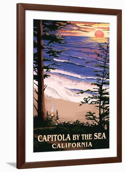 Capitola, California - Capitola by the Sea Sunset and Surfers-Lantern Press-Framed Art Print