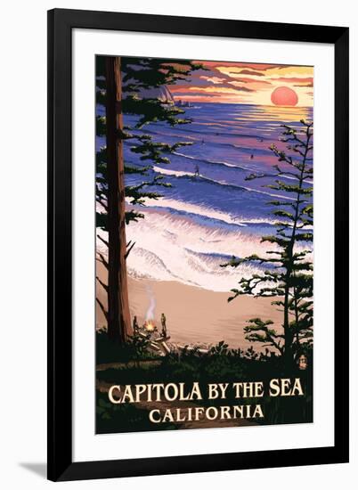 Capitola, California - Capitola by the Sea Sunset and Surfers-Lantern Press-Framed Art Print