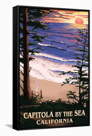 Capitola, California - Capitola by the Sea Sunset and Surfers-Lantern Press-Framed Stretched Canvas