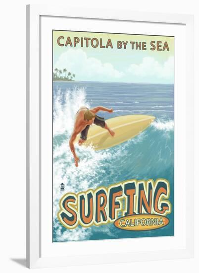 Capitola, California - Capitola by the Sea Surfer Scene-Lantern Press-Framed Art Print