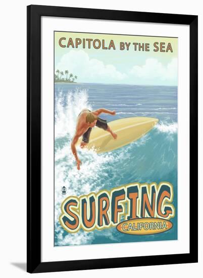 Capitola, California - Capitola by the Sea Surfer Scene-Lantern Press-Framed Art Print