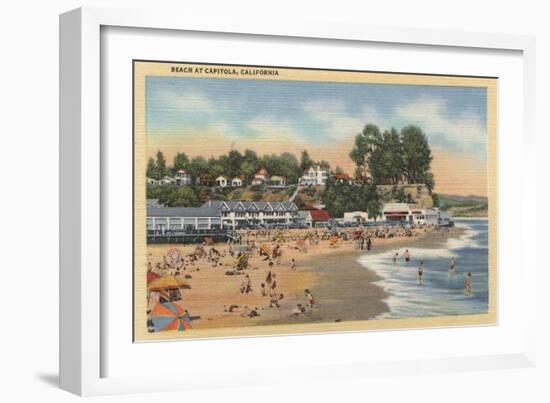 Capitola, California - Swimmers & Sunbathers on the Beach-Lantern Press-Framed Art Print