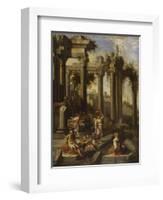 Capricci of Classical Ruins with Water Carriers, Philosophers and Noblemen (Left Panel)-Giovanni Ghisolfi (Circle of)-Framed Giclee Print