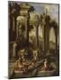 Capricci of Classical Ruins with Water Carriers, Philosophers and Noblemen (Left Panel)-Giovanni Ghisolfi (Circle of)-Mounted Giclee Print