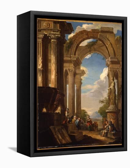 Capricci of Roman Ruins with Figures-Giovanni Paolo Pannini-Framed Stretched Canvas