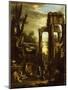 Capriccio of Classical Ruins and Statuary with Figures Conversing-Giovanni Ghisolfi-Mounted Giclee Print