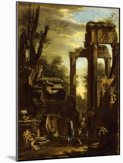 Capriccio of Classical Ruins and Statuary with Figures Conversing-Giovanni Ghisolfi-Mounted Giclee Print