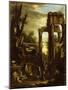 Capriccio of Classical Ruins and Statuary with Figures Conversing-Giovanni Ghisolfi-Mounted Giclee Print