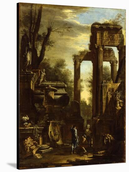 Capriccio of Classical Ruins and Statuary with Figures Conversing-Giovanni Ghisolfi-Stretched Canvas