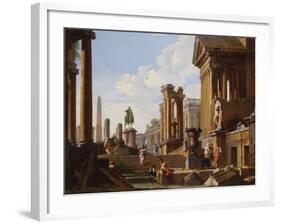 Capriccio of Classical Ruins with a Statue of Marcus Aurelius,The Temple of Saturn-Giovanni Paolo Pannini-Framed Giclee Print