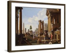 Capriccio of Classical Ruins with a Statue of Marcus Aurelius,The Temple of Saturn-Giovanni Paolo Pannini-Framed Giclee Print