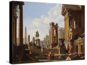 Capriccio of Classical Ruins with a Statue of Marcus Aurelius,The Temple of Saturn-Giovanni Paolo Pannini-Stretched Canvas