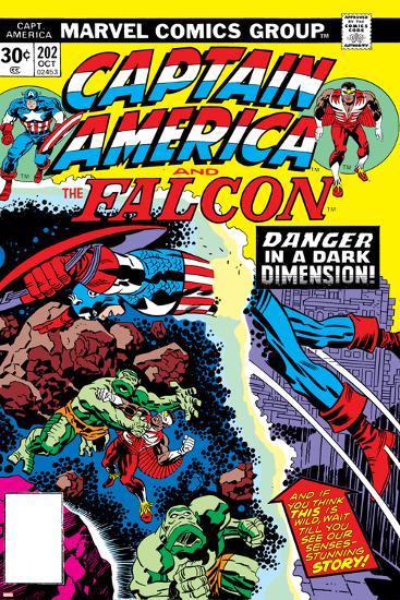 Captain America And The Falcon No.202 Cover: Captain America and Falcon Fighting and Flying-Jack Kirby-Lamina Framed Poster