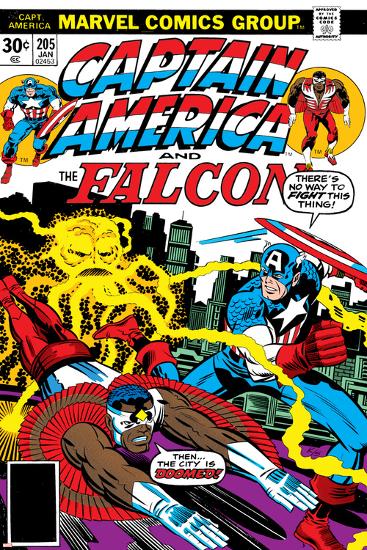 Captain America And The Falcon No.205 Cover: Captain America, Falcon and Agron Fighting and Flying-Jack Kirby-Lamina Framed Poster