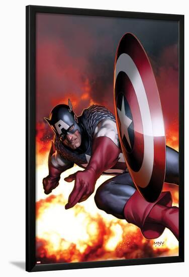 Captain America No.2 Cover: Captain America Jumping and Throwing his Shield-Steve MCNiven-Lamina Framed Poster