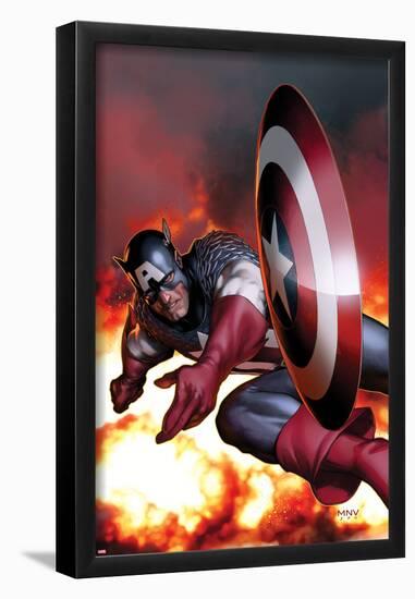 Captain America No.2 Cover: Captain America Jumping and Throwing his Shield-Steve MCNiven-Framed Poster