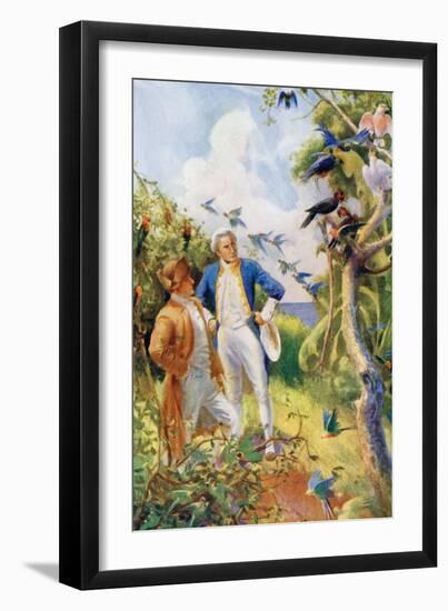 Captain James Cook and Botanist Joseph Banks Examining the Wild Life and Flora in Botany Bay-null-Framed Giclee Print