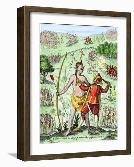 Captain John Smith Taking the King of Pamaunkee Prisoner, 1608-null-Framed Giclee Print