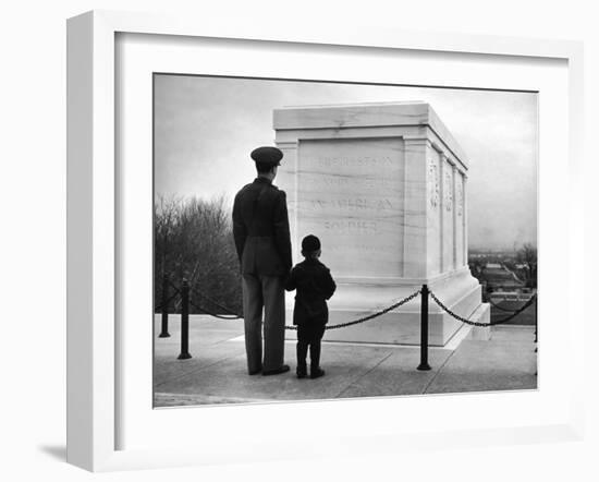 Captain Roger D. Reid Visiting the Unknown Soldier's Tomb with His Son-George Strock-Framed Photographic Print