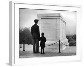 Captain Roger D. Reid Visiting the Unknown Soldier's Tomb with His Son-George Strock-Framed Photographic Print