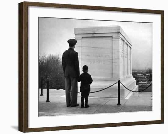 Captain Roger D. Reid Visiting the Unknown Soldier's Tomb with His Son-George Strock-Framed Photographic Print