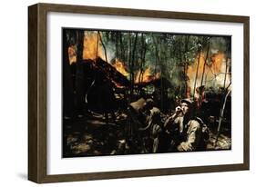 Captain Vernon Gillespie Contacting His Base Camp While Vietnamese Soldiers Burn Viet Cong Hideout-Larry Burrows-Framed Photographic Print