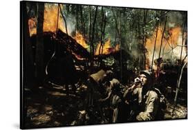 Captain Vernon Gillespie Contacting His Base Camp While Vietnamese Soldiers Burn Viet Cong Hideout-Larry Burrows-Stretched Canvas