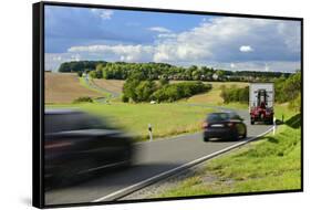 Car and Truck Driving on Winding Country Road, Storm Clouds, Motion Blur, Thuringia, Germany-Andreas Vitting-Framed Stretched Canvas