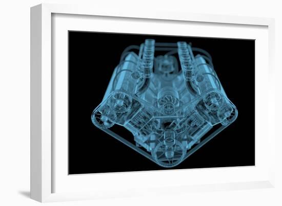 Car Engine X-Ray Blue Transparent Isolated on Black-sauliusl-Framed Art Print