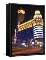 Car Light Trails and Illuminated Buildings, Peoples Square, Shanghai, China-Kober Christian-Framed Stretched Canvas